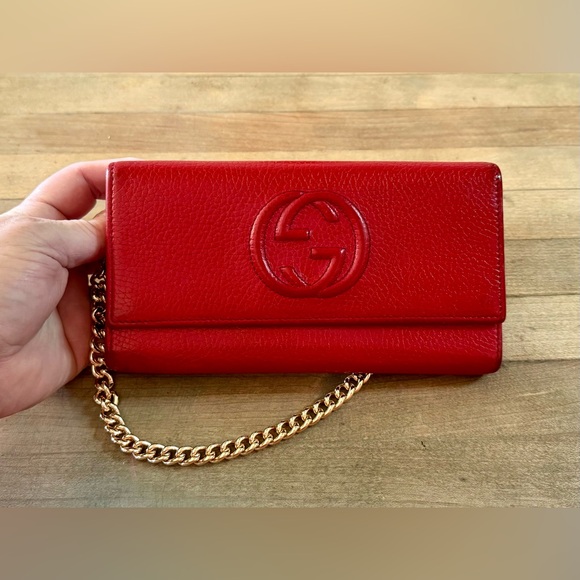 Gucci Red Pebbled Leather Soho Long Wallet w Gold Chain - Picture 7 of 15